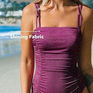 Cupshe Square Neck Ruched Burgundy One Piece Swimsuit, Size M